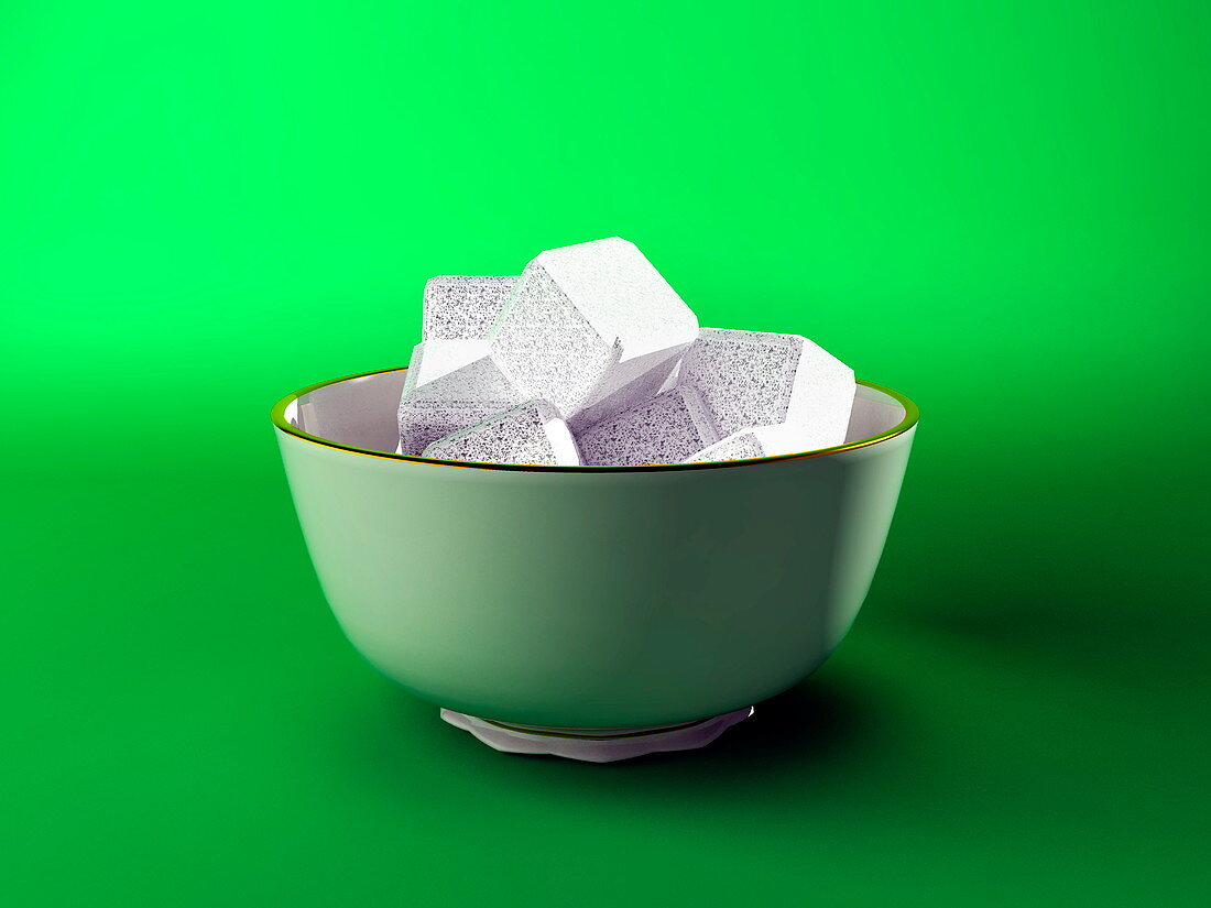 Bowl of sugar cubes,computer artwork