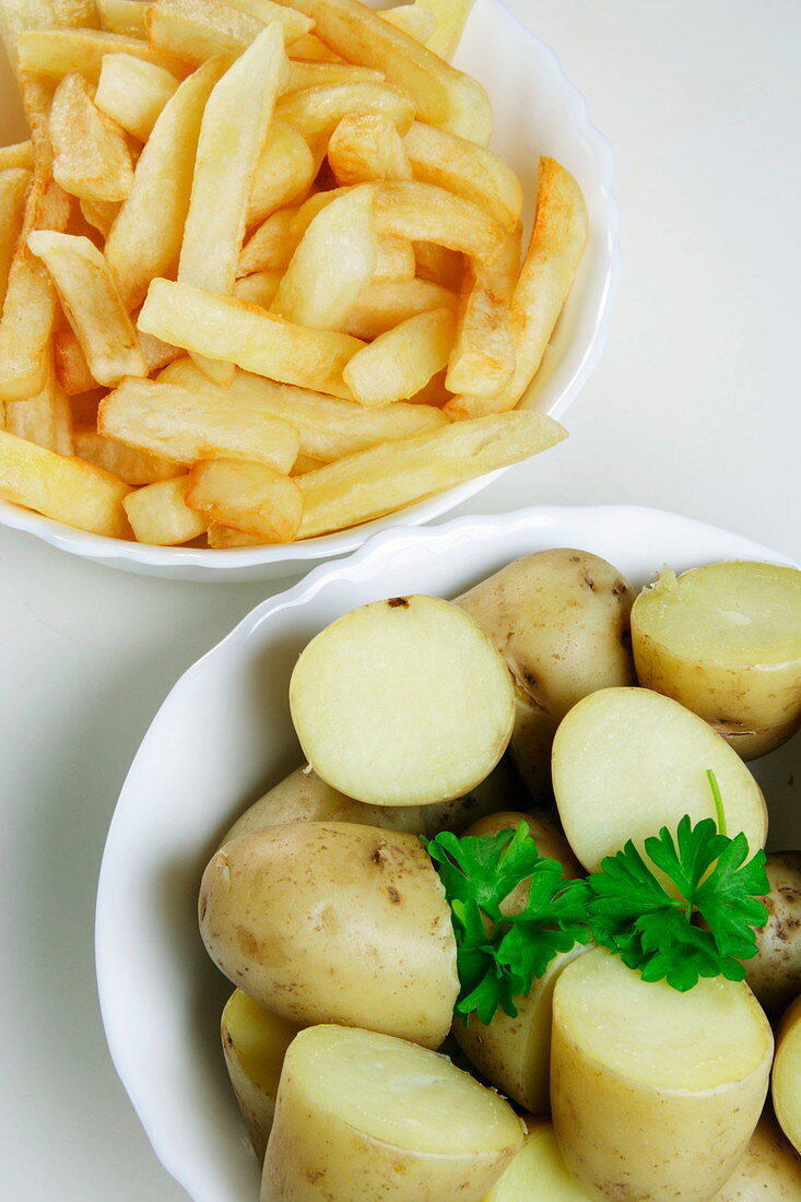 Bowls of chips and new potatoes