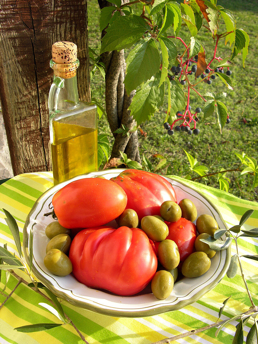Assortment of fruit with olive oil