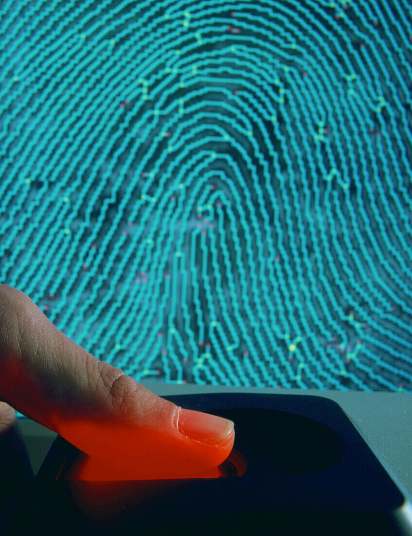 Finger being scanned to reveal its fingerprint