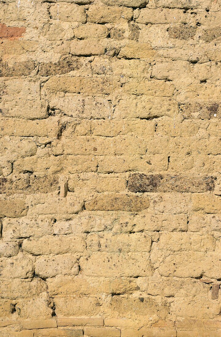 Close-up of a wall made from Adobe clay bricks