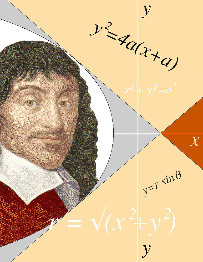 Artwork of Rene Descartes with equations and lines