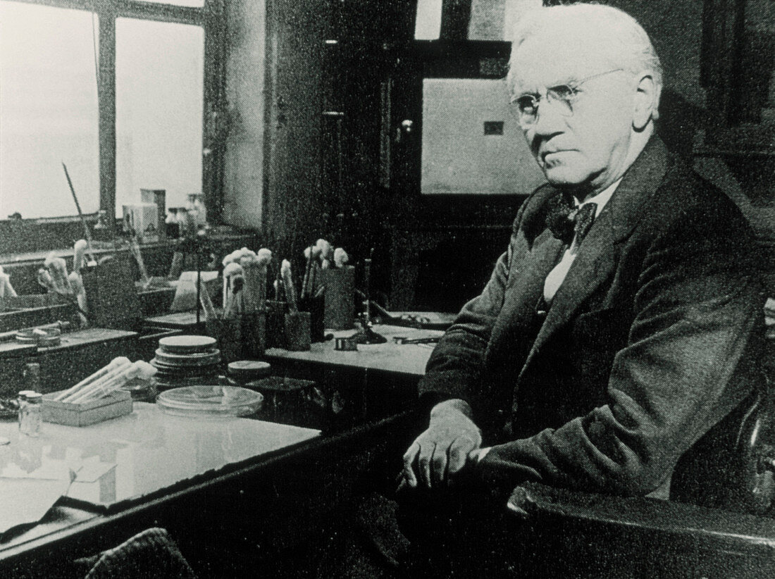 Sir Alexander Fleming in his lab