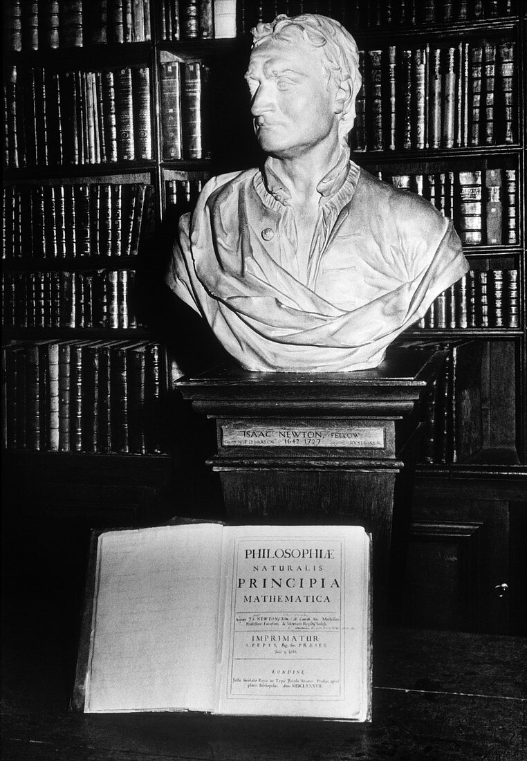 Bust of Isaac Newton with his copy of 'Principia'