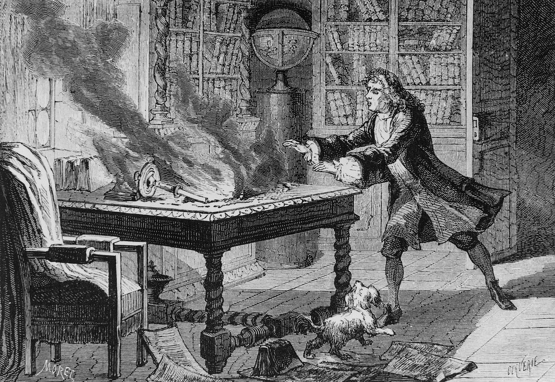 Engraving of Isaac Newton and his notes burning