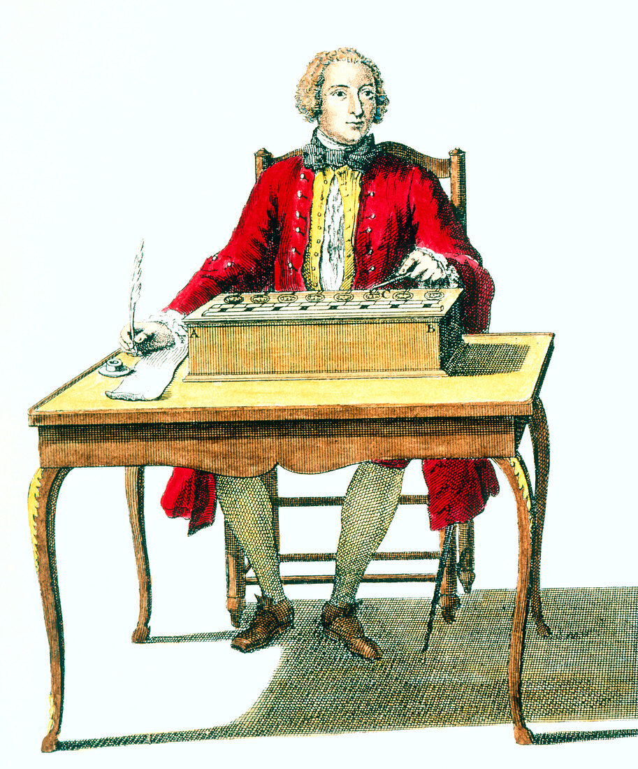 Portrait of Blaise Pascal with his calculator