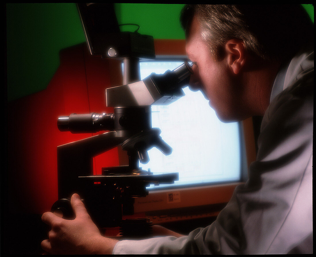 Technician examines a slide under a microscope