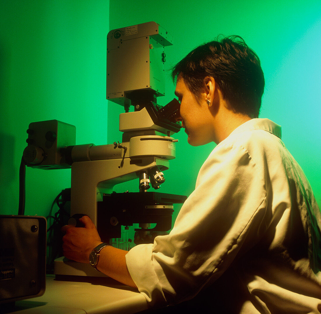 Female technician using a fluorescence microscope