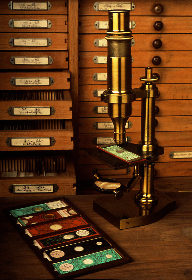 Historical optical microscope and slides
