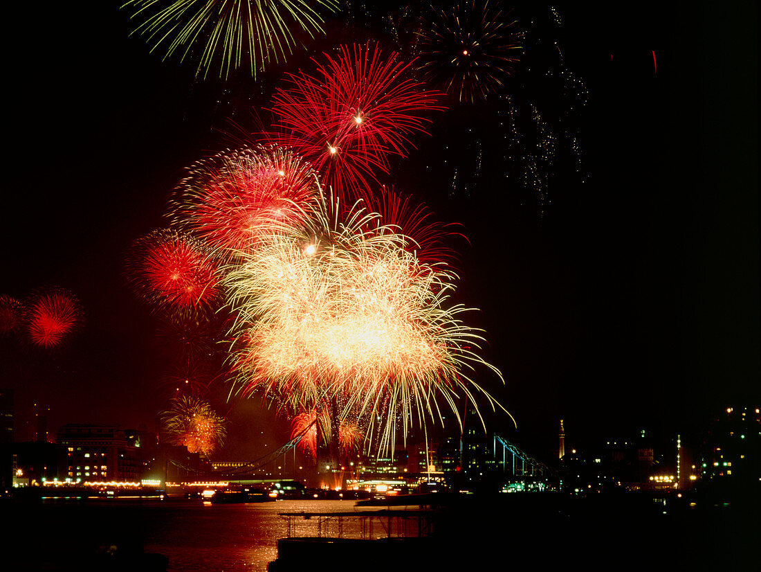 Aerial firework display over Tower Bridge,London