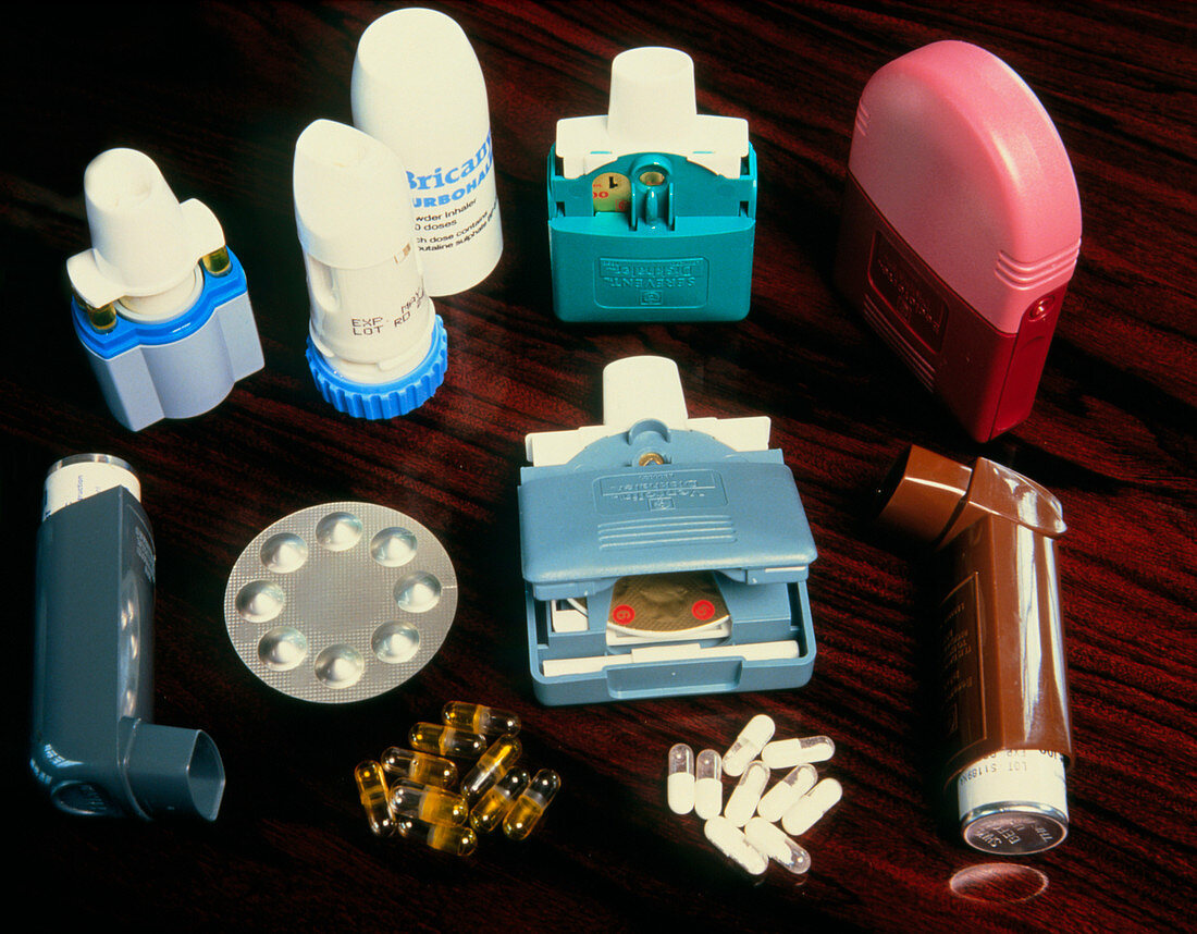 Assorted inhalers and drugs for asthma