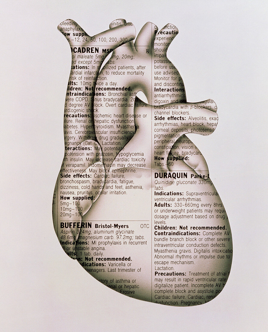 Artwork of human heart wrapped in drug information