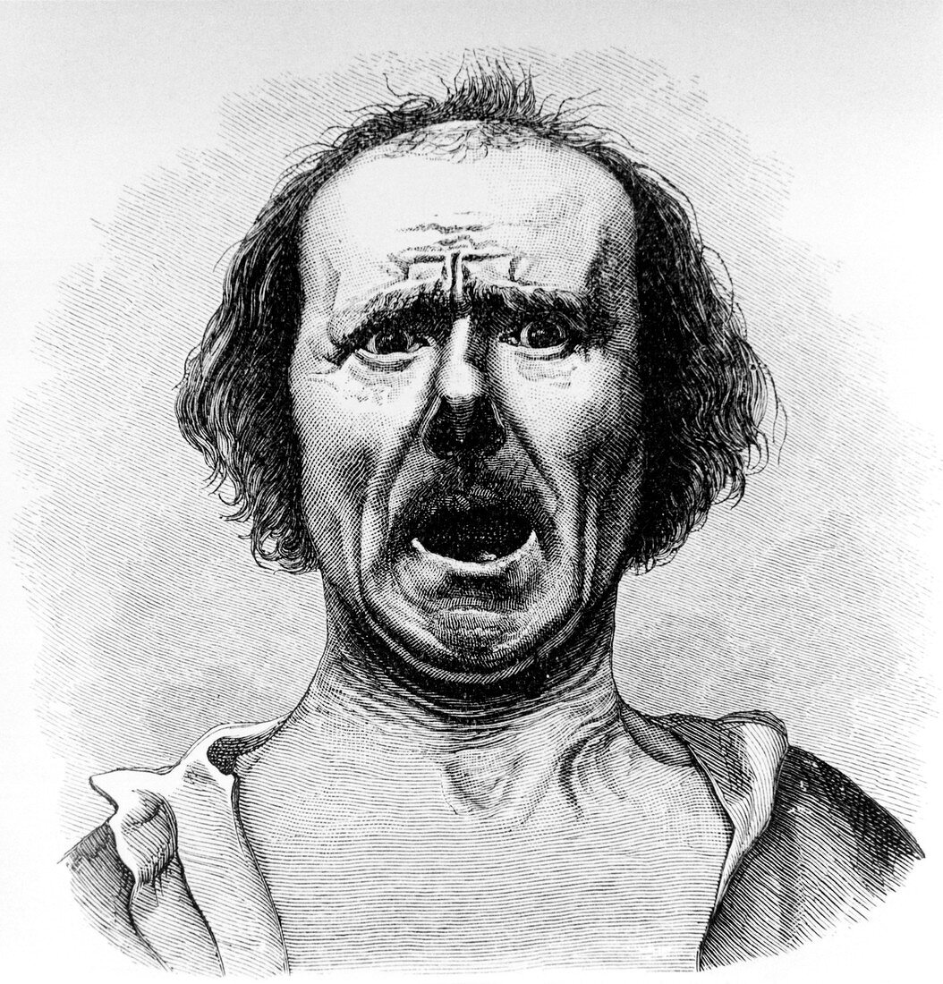 Engraving of a horrified man's face