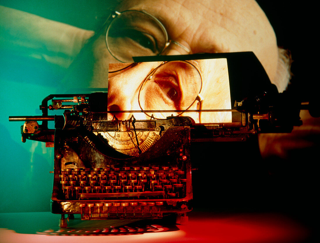Abstract image of elderly man's face on typewriter