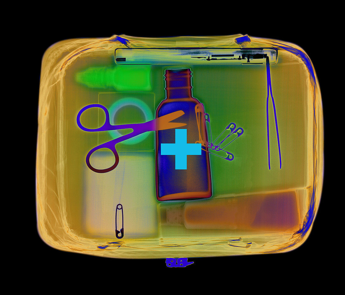 Coloured X-ray of a first aid kit