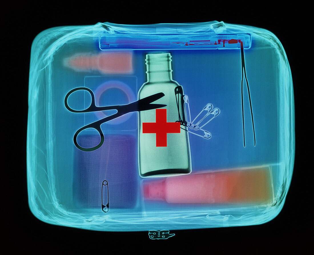 Coloured X-ray of a first aid kit