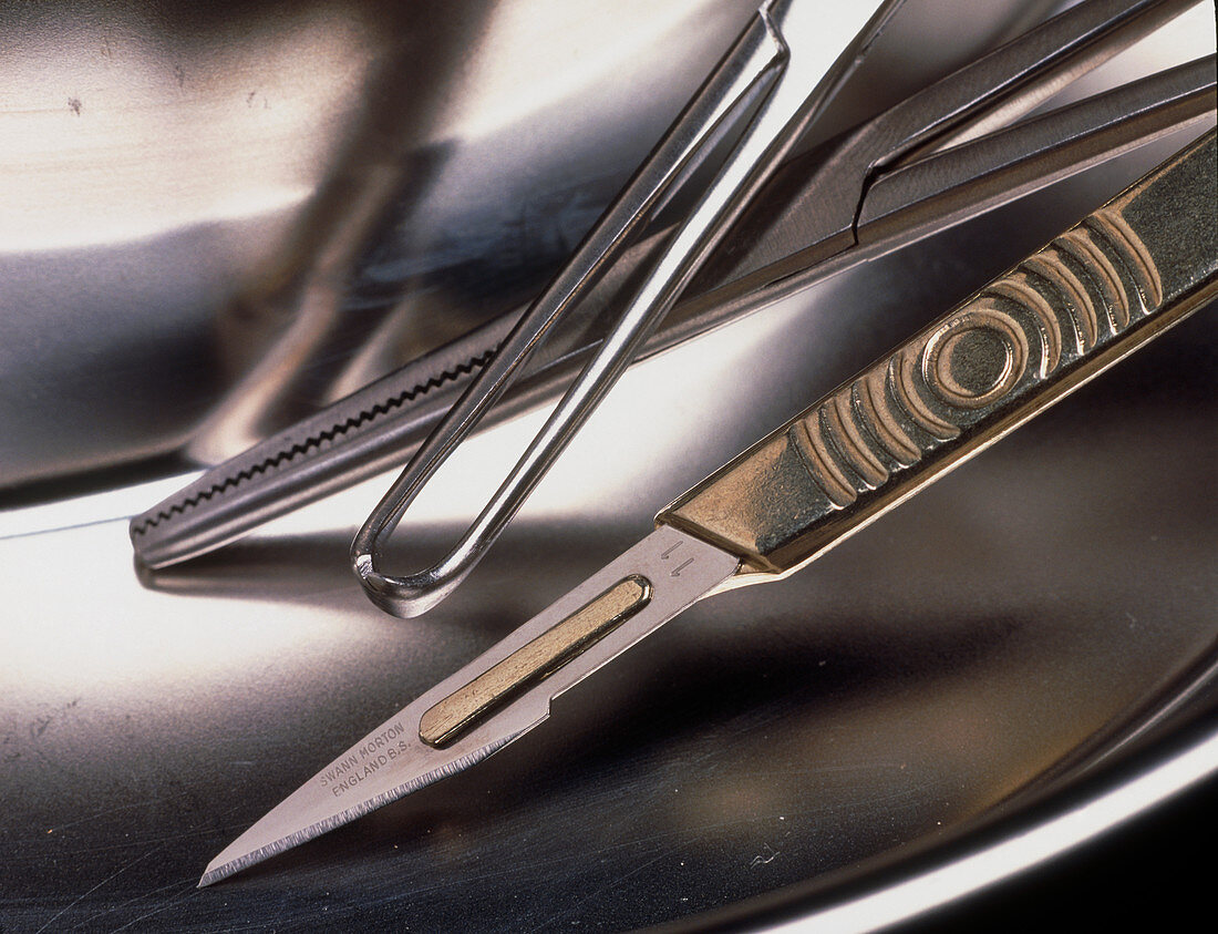 Surgical scalpel and forceps in a metal bowl
