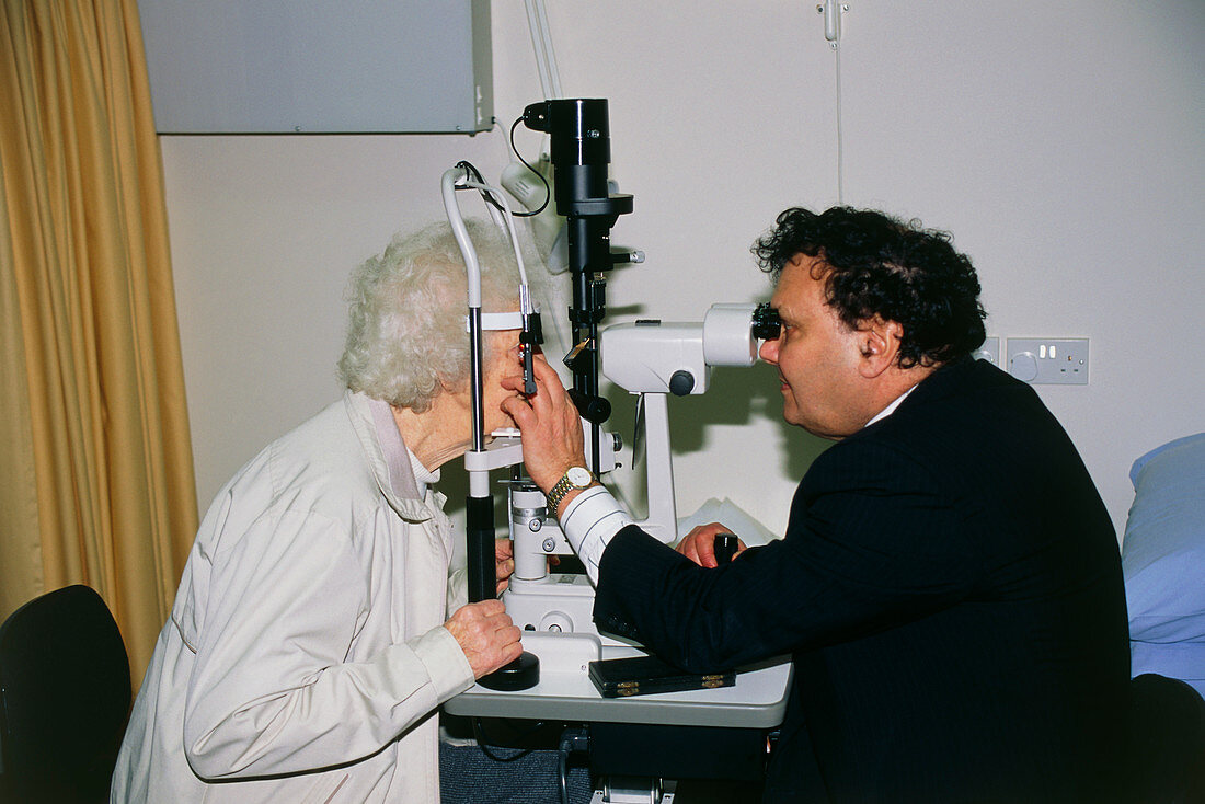 Slit-lamp examination of an elderly woman's eyes