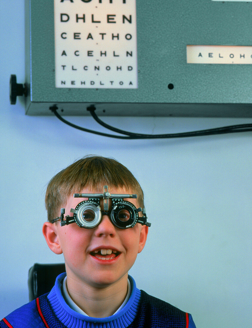Ophthalmology test frames on a young boy