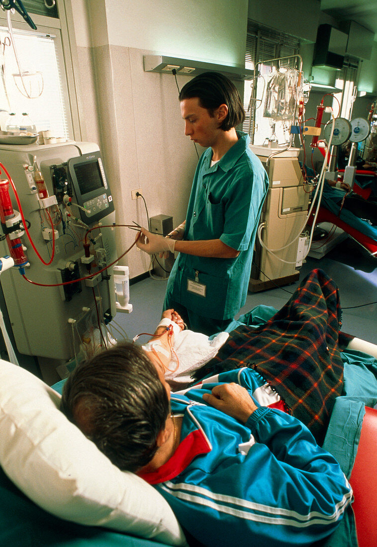 Male patient receives a kidney dialysis