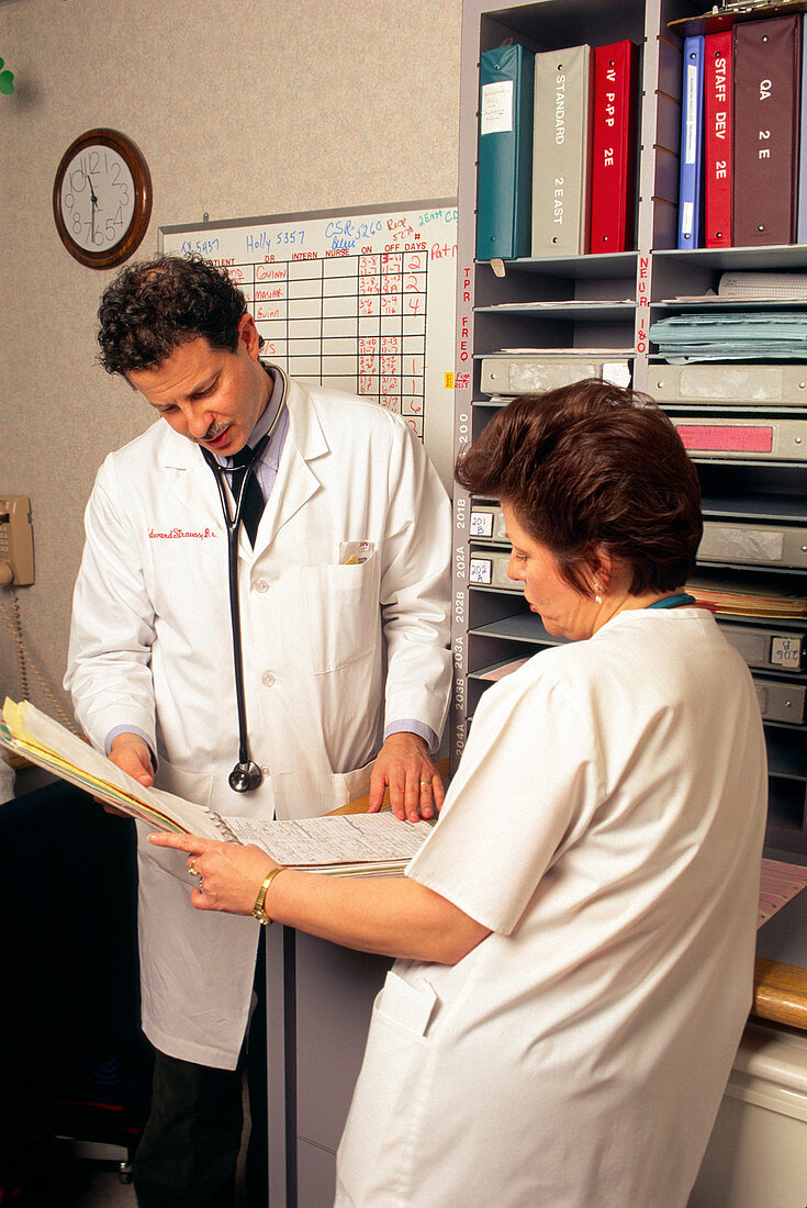 Doctor and nurse consult records at a workstation