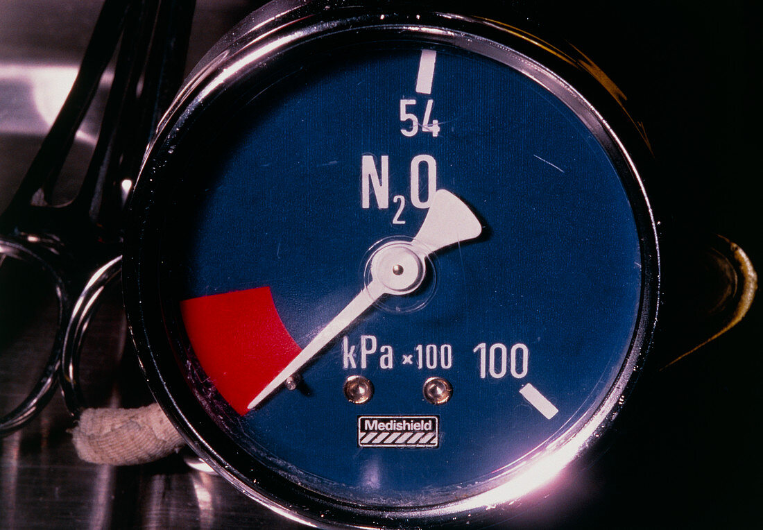 Pressure gauge on cylinder of nitrous oxide