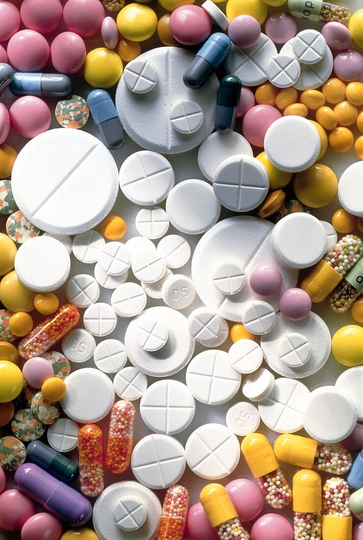 Coloured assortment of pills,tablets & capsules