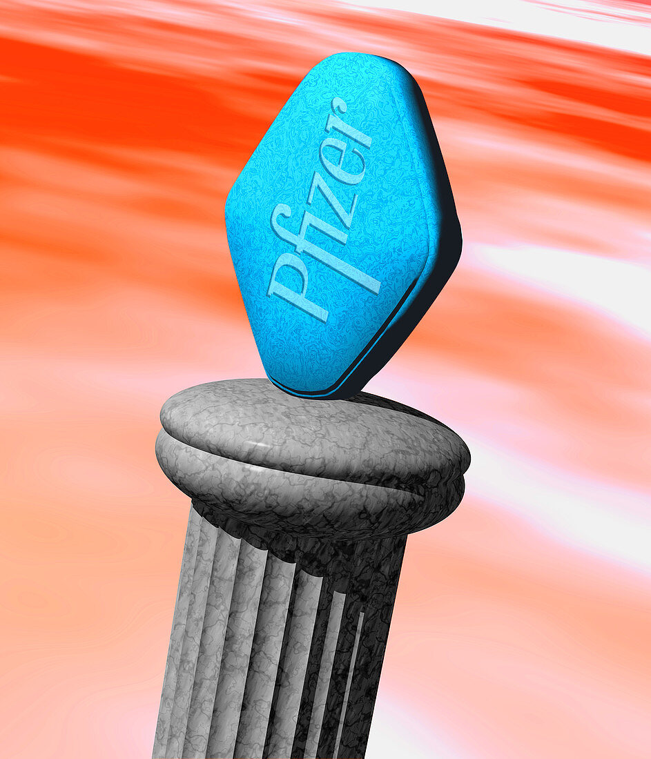 View of a blue Viagra pill on top of a column