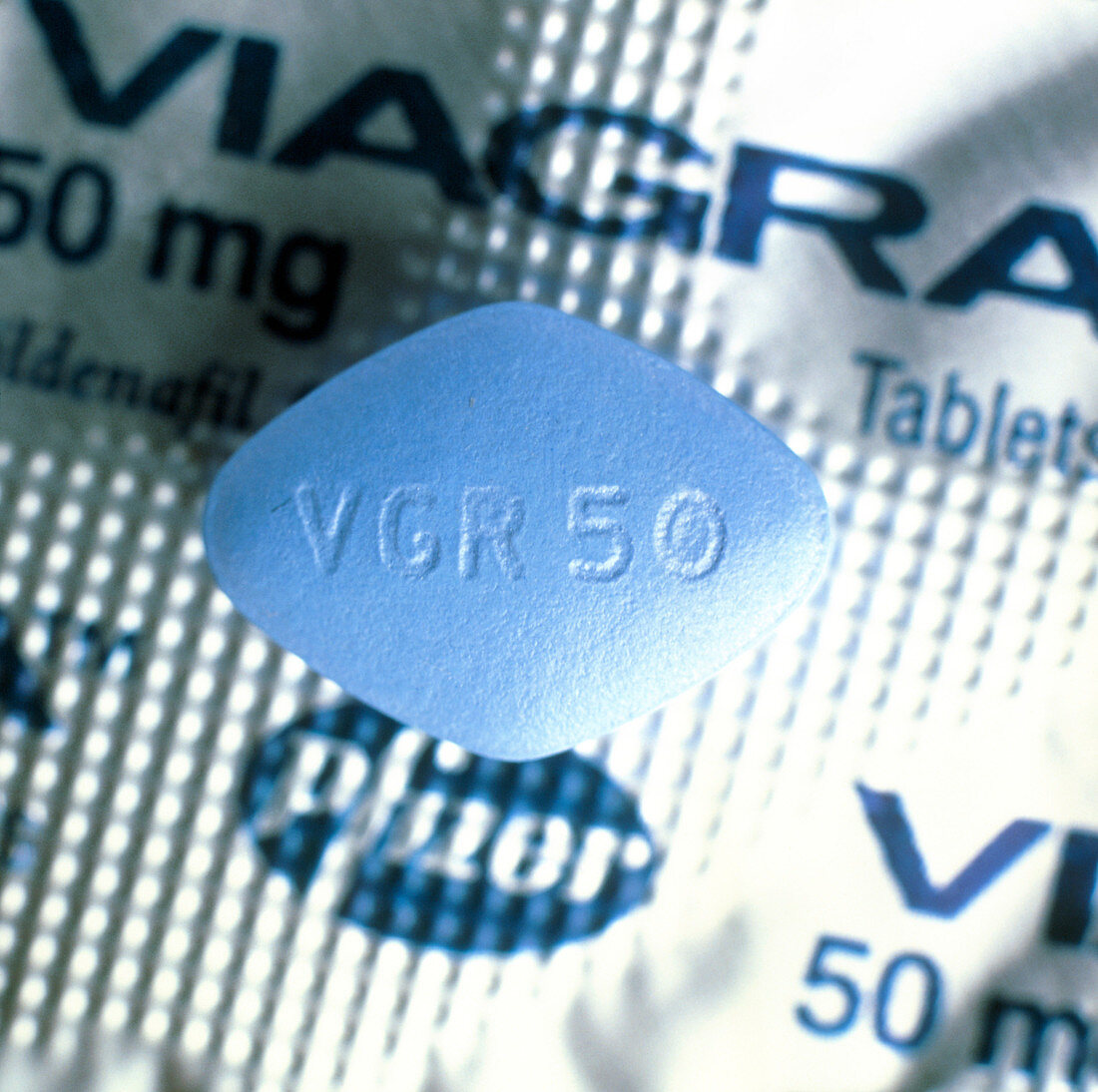 Blue Viagra pill and its metal foil packaging