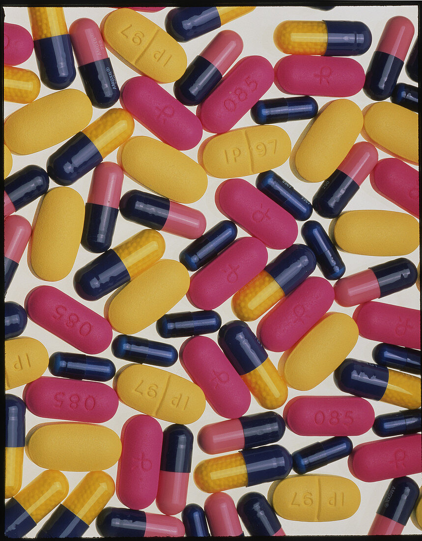 Coloured assortment of pills,tablets and capsules