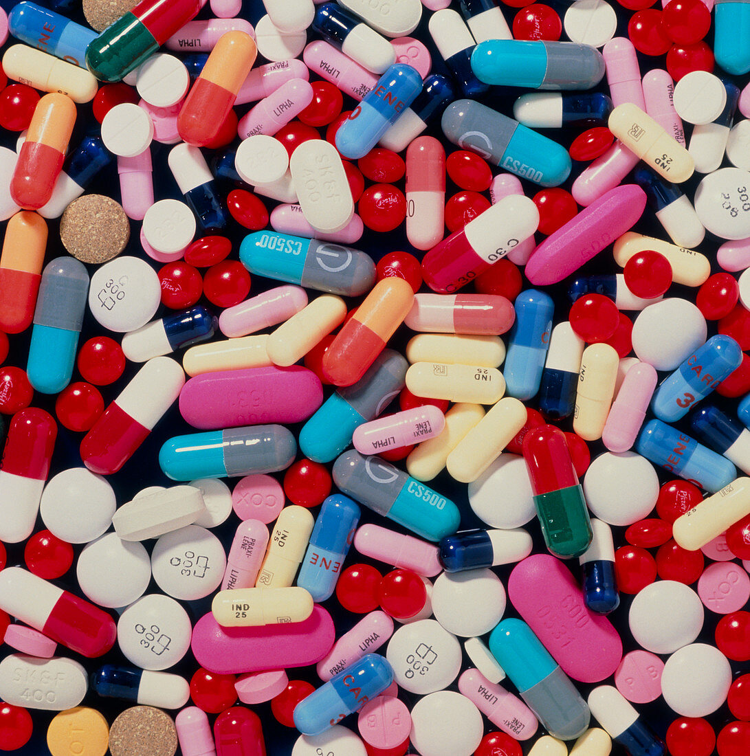 Coloured assortment of pills,tablets and capsules