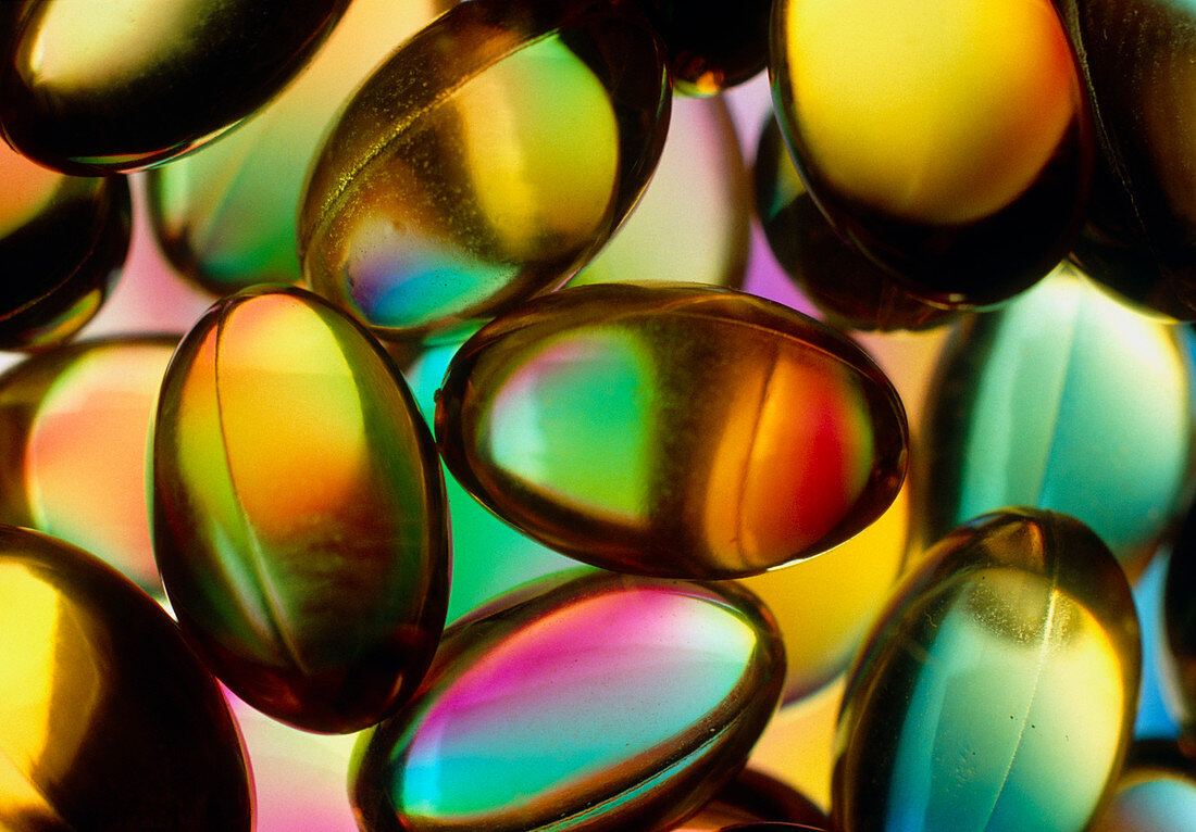 Macrophotograph of cod liver oil capsules