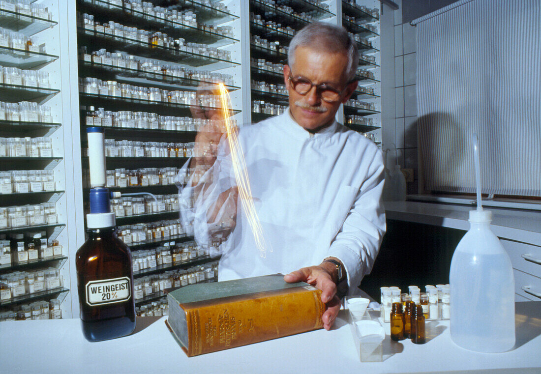 Preparation of homeopathic medicine in a pharmacy