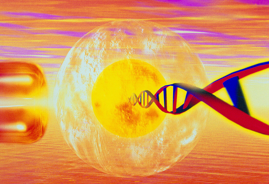 Computer art of IVF: egg injected with sperm DNA
