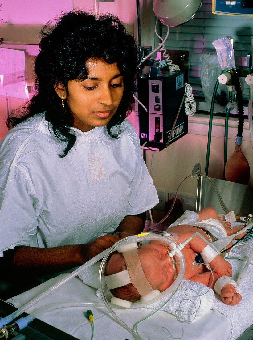 Doctor examining a newborn baby in intensive care
