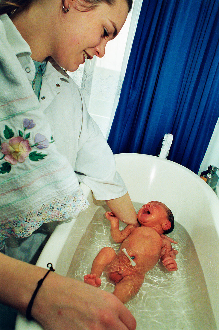 Washing newborn baby boy
