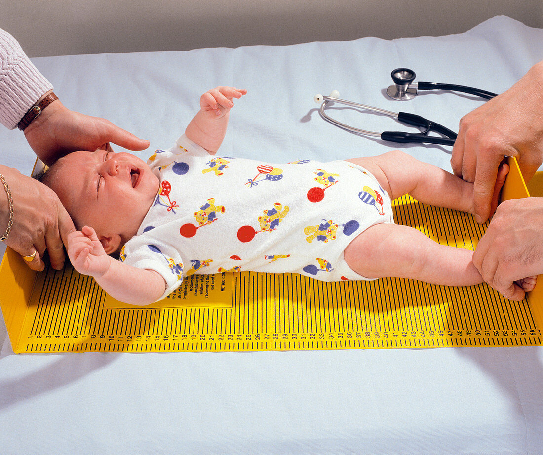 Measuring length of 6-week-old baby girl
