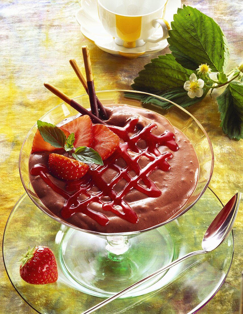 Mousse au chocolat with strawberry preserve
