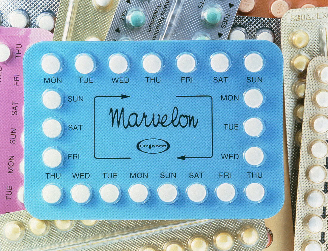 Assorted contraceptive pills in their packaging