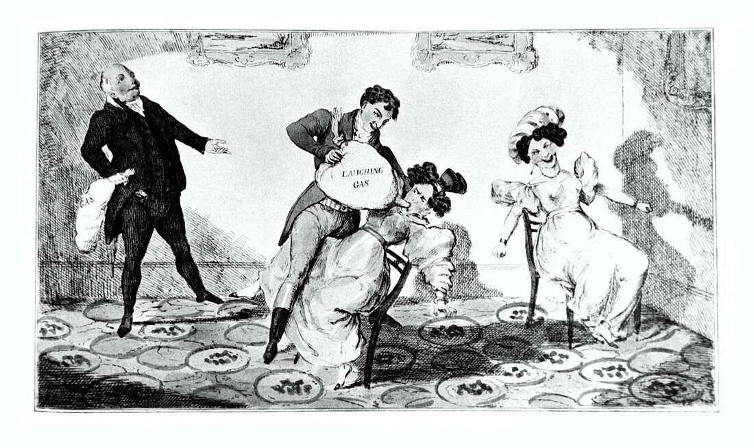 Caricature of a man giving his wife laughing gas