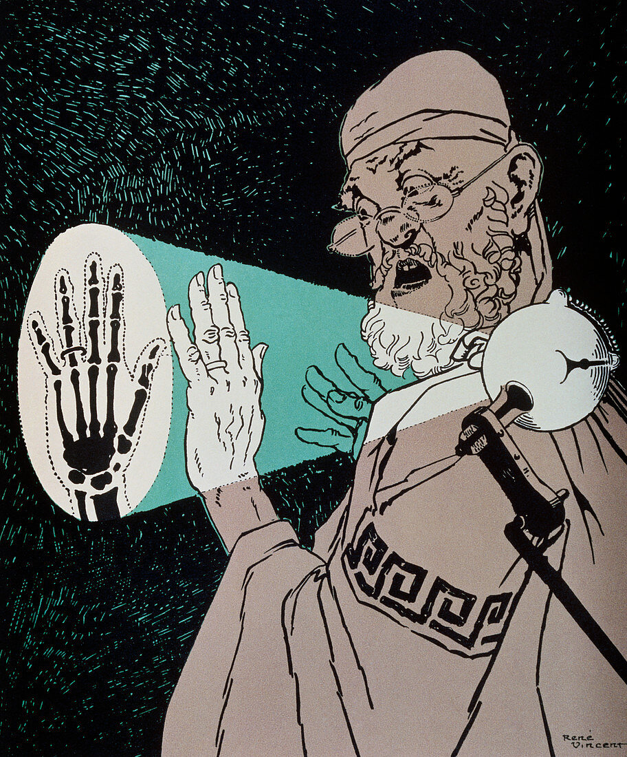 Historical cartoon of Hippocrates & X-rayed hand