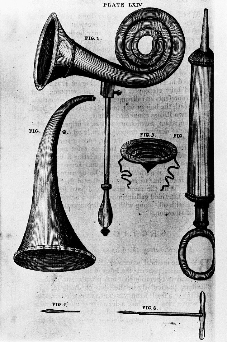 Engraving of ear trumpets and a syringe