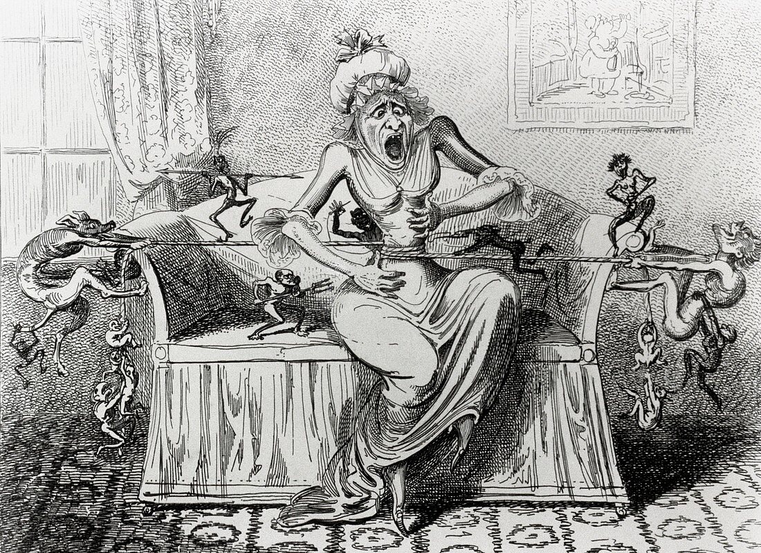 Caricature of woman tormented by indigestion