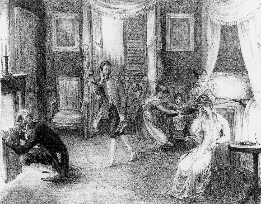 Engraving of mother with a migraine and her family