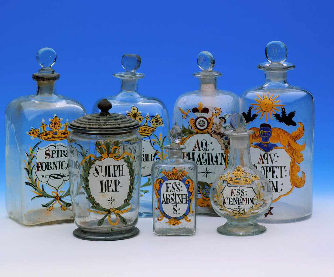 Historical glassware for drugs,herbs and oils