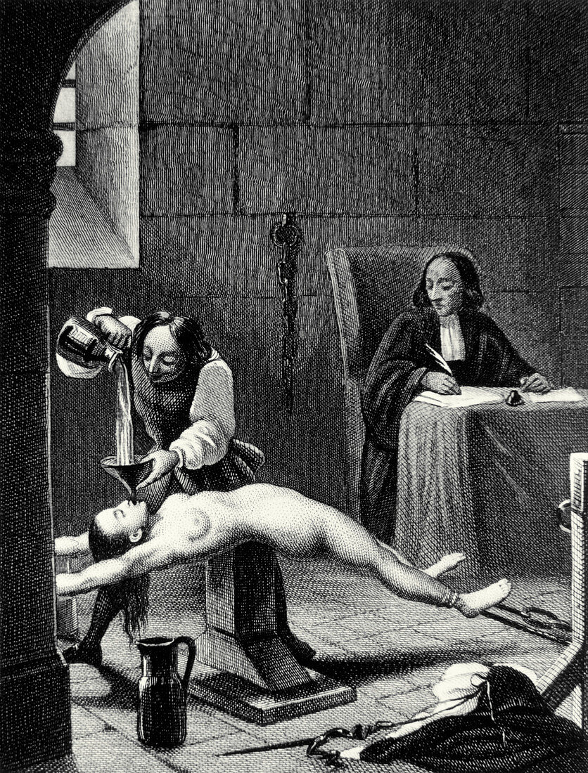 Engraving of a suspected witch being tortured