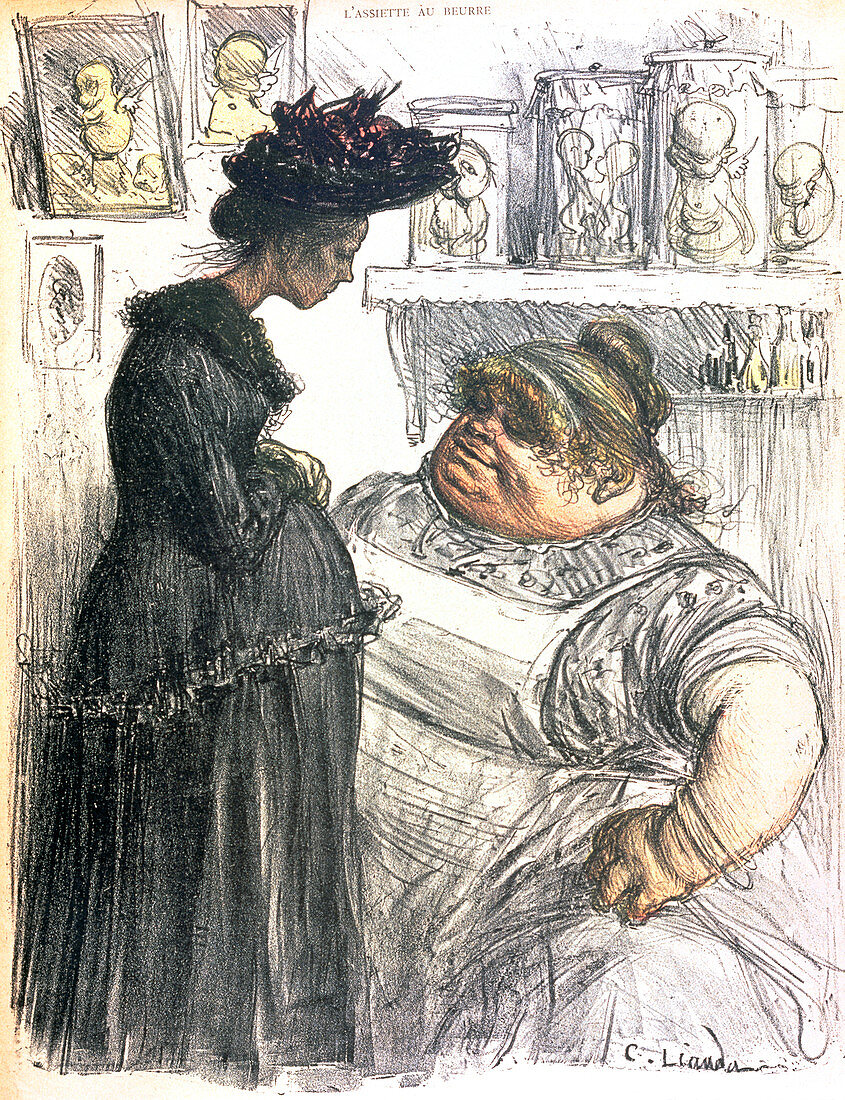 Caricature of an abortionist with a pregnant woman