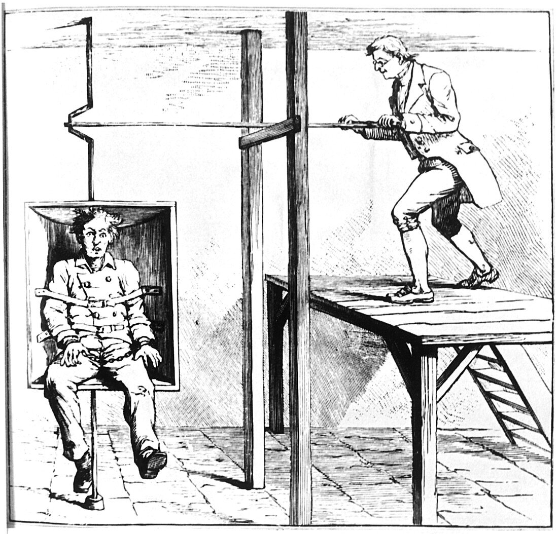 Mental patient being treated in a gyrating chair