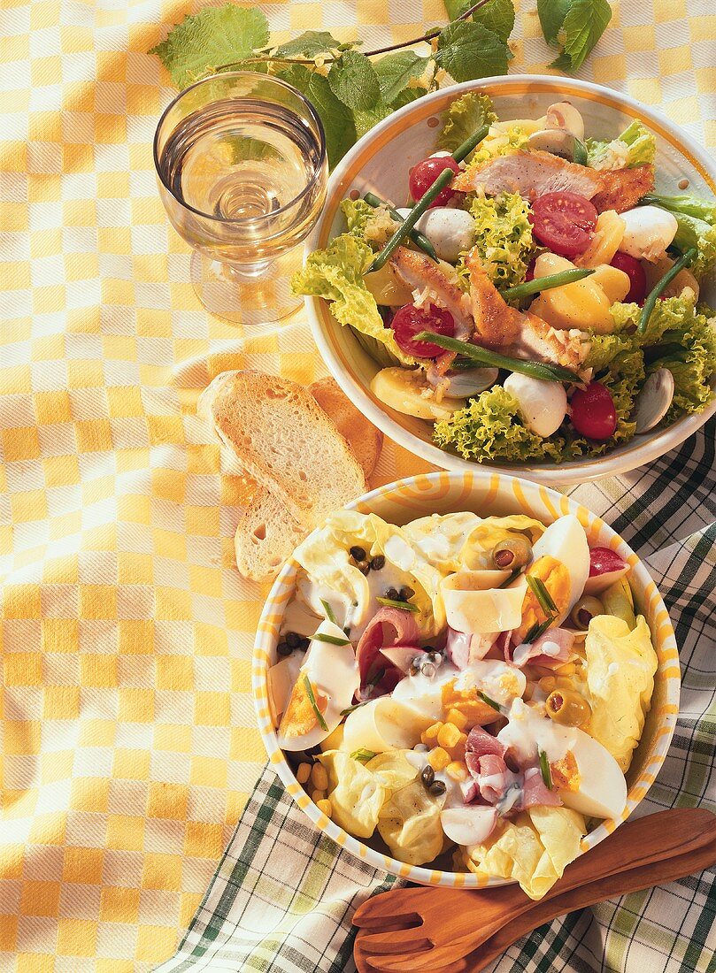 Salad with potatoes & mozzarella, & with eggs & ham