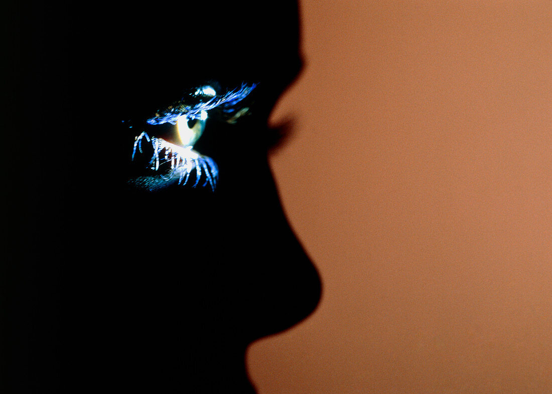 Silhouette profile of face with spotlit eye